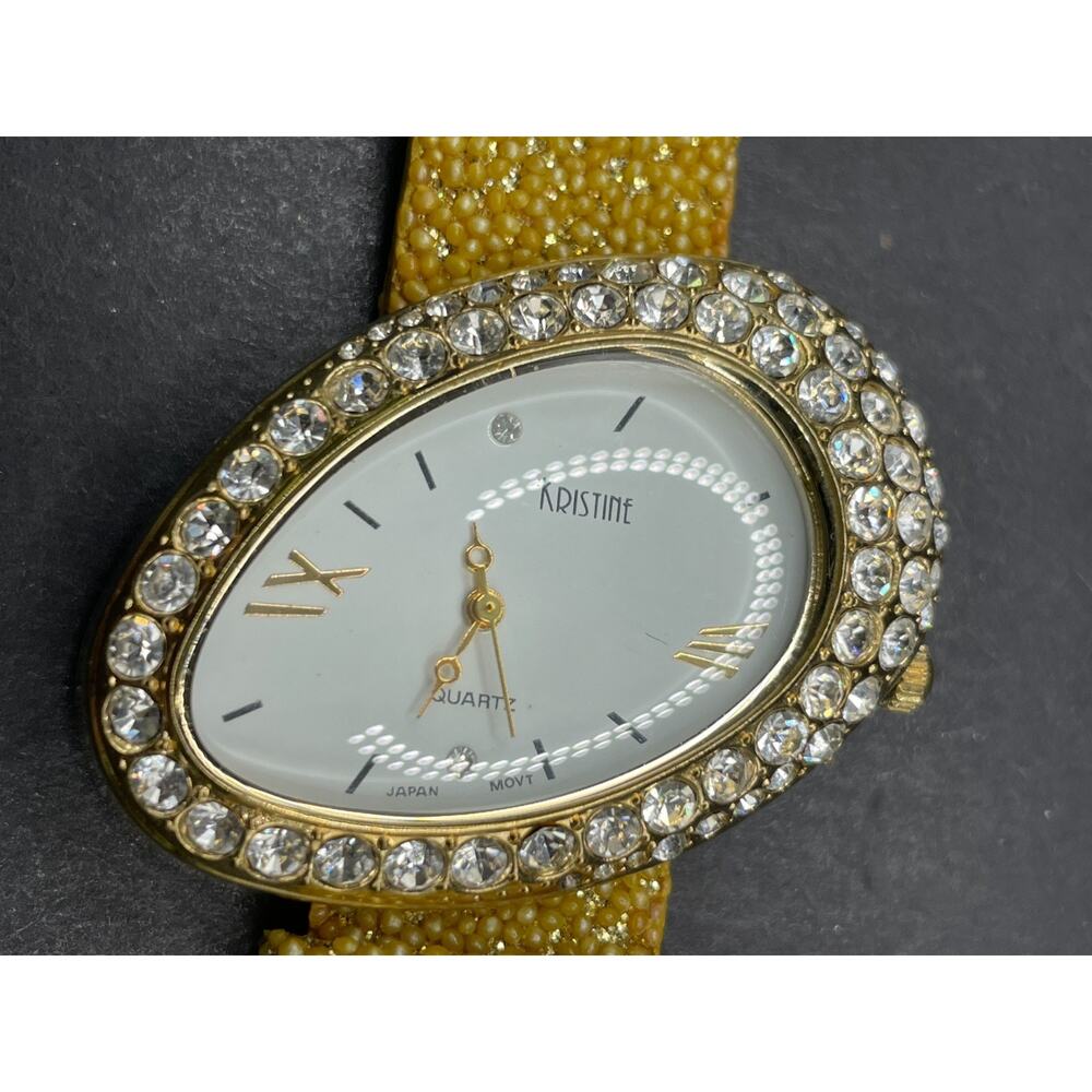 Vtg Kristine Ladies Quartz Watch Rhinestone Round White Face Yellow Band 30mm